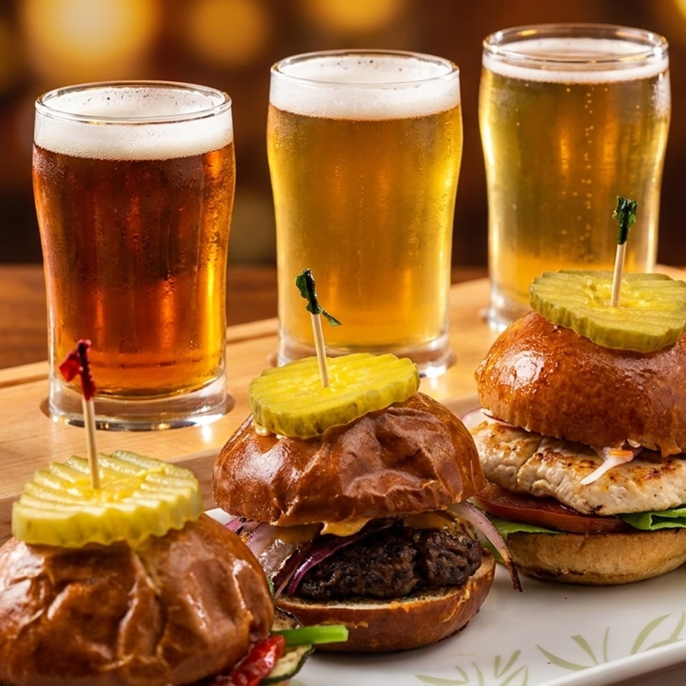 Four glasses of beer and four sliders with pickles on a wooden tray and white plate.