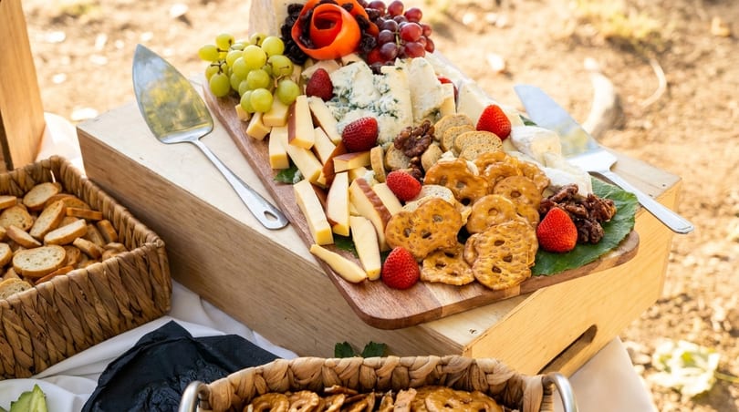 A wooden board overflowing with cheeses, grapes, strawberries, pretzels, and crackers on an outdoor table.