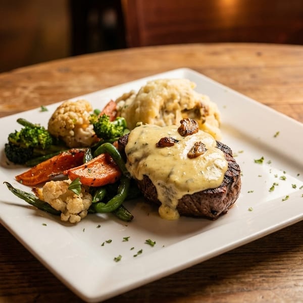 Steak with creamy sauce, mashed potatoes, and roasted vegetables on a white plate.