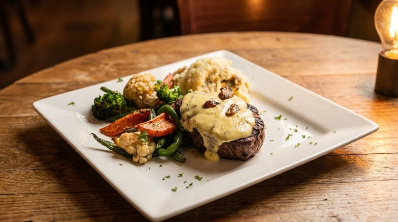 Steak with creamy sauce, mashed potatoes, and roasted vegetables on a white plate.