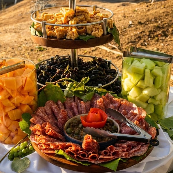 Outdoor buffet with charcuterie, fruit, olives, and pastries on a tiered stand.