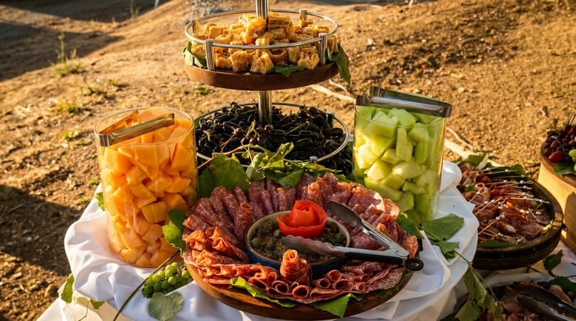 Outdoor buffet with charcuterie, fruit, olives, and pastries on a tiered stand.