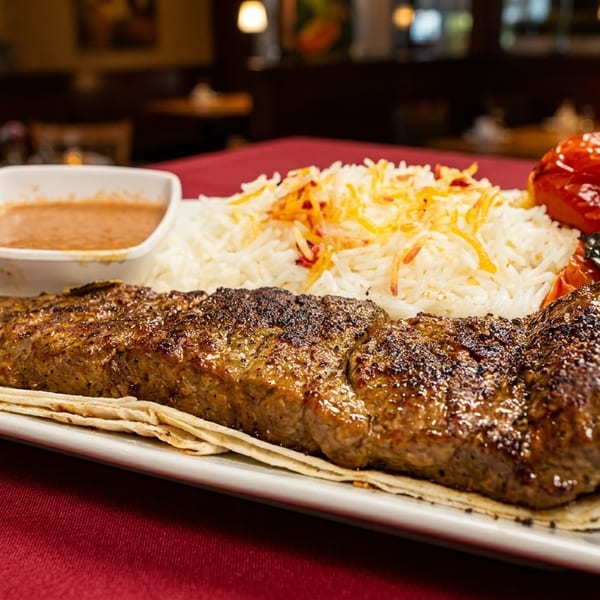 Grilled kebab, rice, roasted vegetables, and dipping sauces on a white platter.