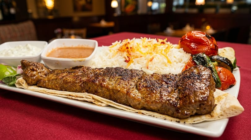 Grilled kebab, rice, roasted vegetables, and dipping sauces on a white platter.