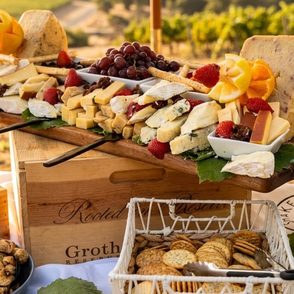 A rustic outdoor cheese and fruit platter with crackers and dried fruit, set in a vineyard.