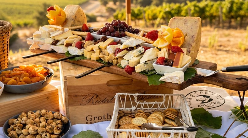 A rustic outdoor cheese and fruit platter with crackers and dried fruit, set in a vineyard.